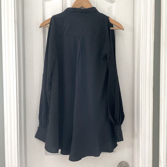 French Connection Crepe Tie-Neck Cold-Shoulder Long-Sleeve Blouse, Black, XS - Picture 4 of 6